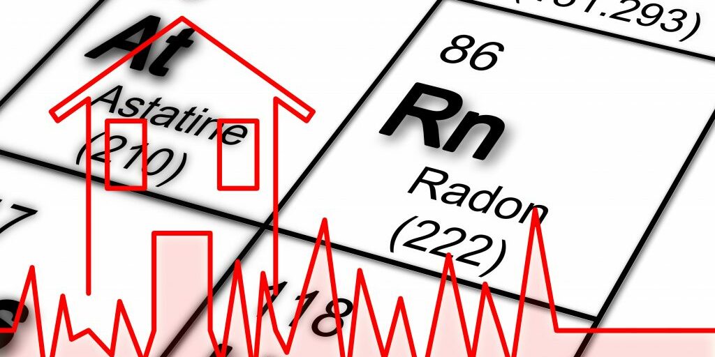 The danger of radon gas in our homes - concept image with periodic table of the elements and check-up graph about radon issue